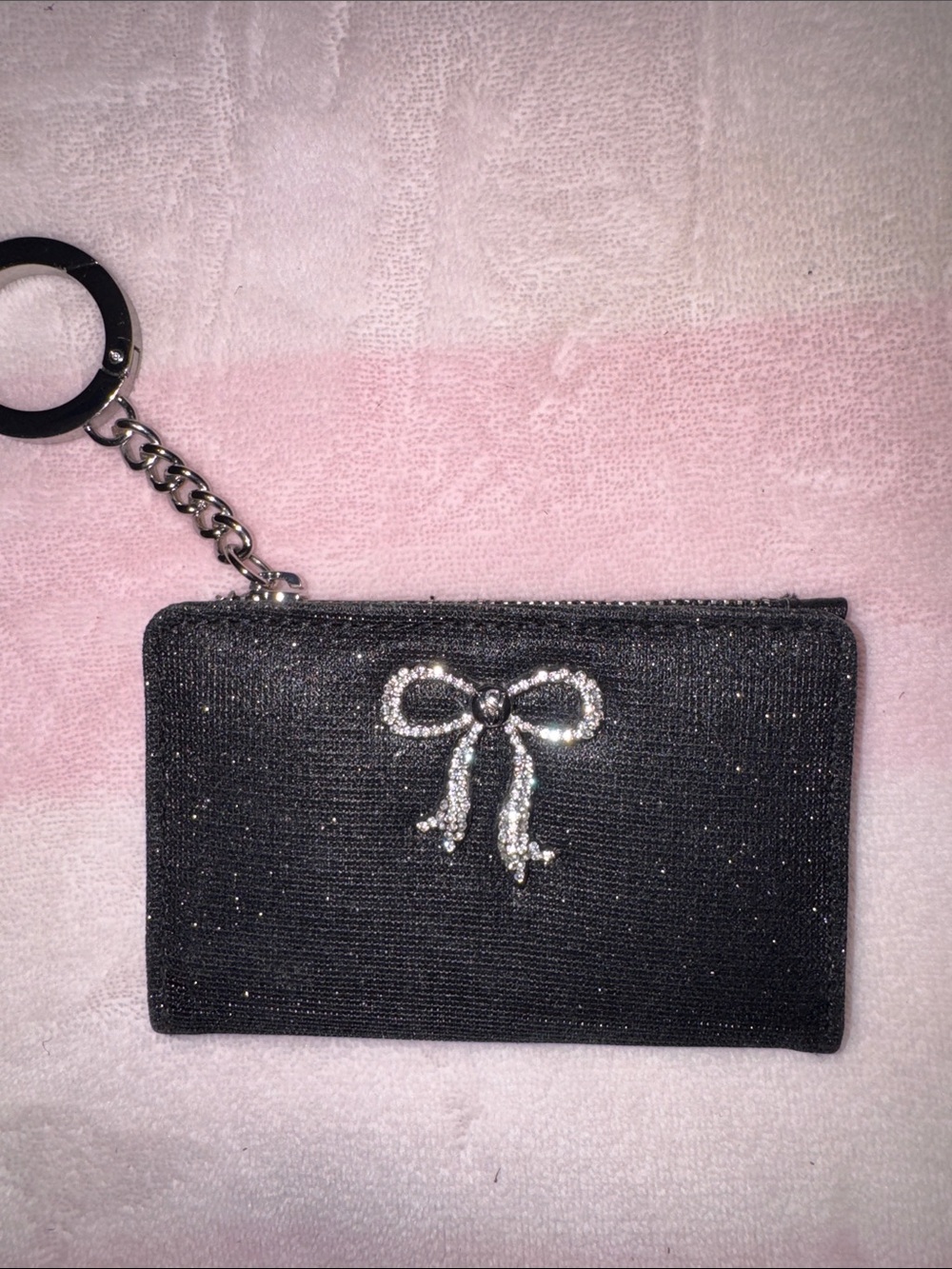 Victoria's Secret Black Sparkle Bow Card Case Wristlet